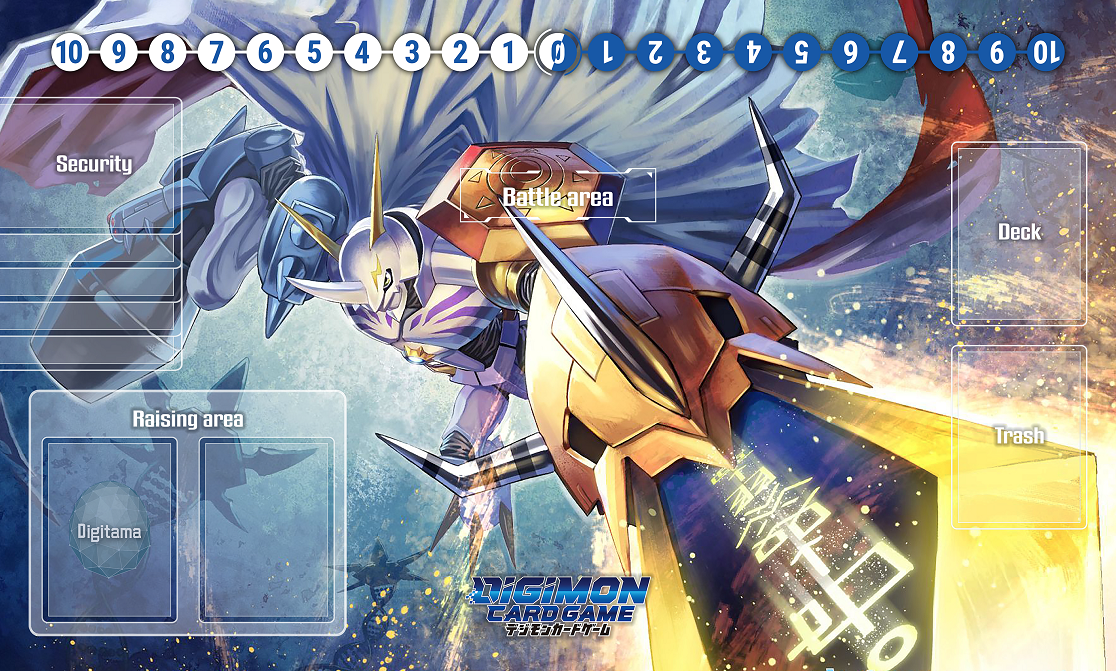 digimon card playmat Omegamon Playmat 24 x 14 inch with Zones – Playmatdojo